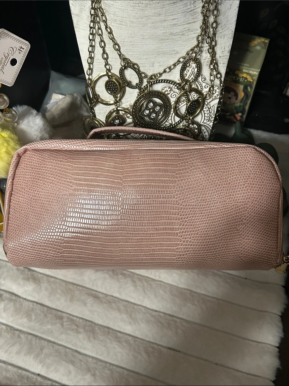 Vince Camuto Textured Blush Pink Cosmetic Case with Gold Hardware